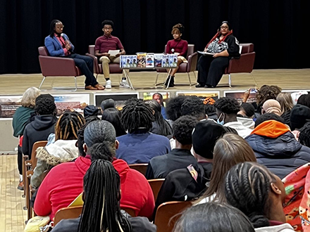 Image of Dr. Ibram X. Kendi with Jefferson Middle School Academy students